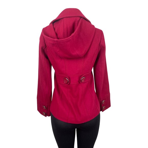 Guess Jeans Womens Red Hooded Peacoat Jacket With Button Accents & Pockets Sz XS - Picture 3 of 10
